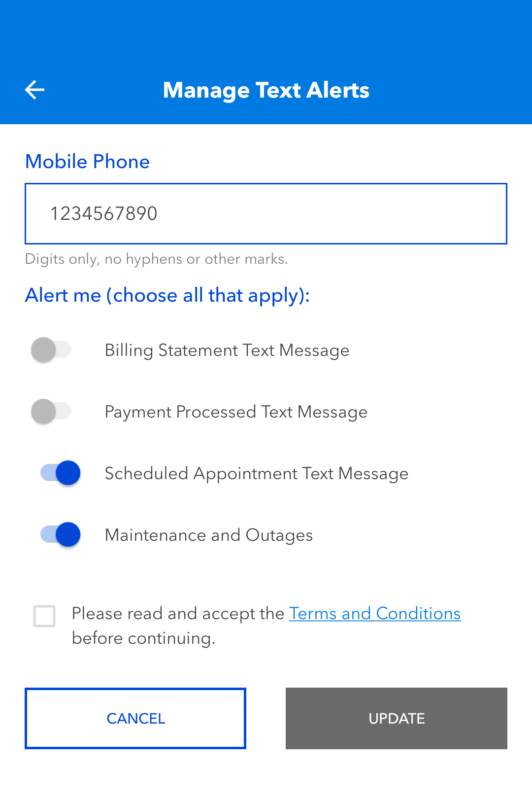 Manage Text Alerts in My Blue Ridge App