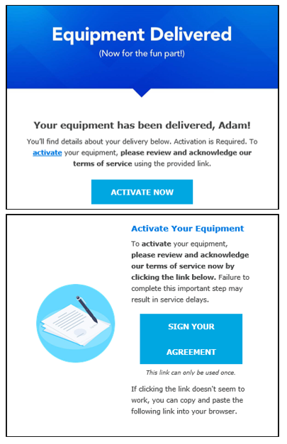 Equipment Delivered Activation Email