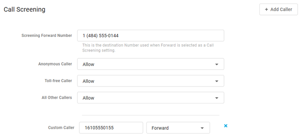 Admin Portal Call Screening Forward Custom Caller