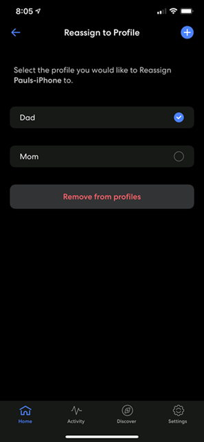 eero app Reassign to Profile screen (Apple iOS)