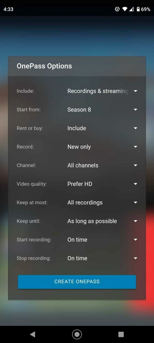 OnePass Options in Blue Ridge Stream App