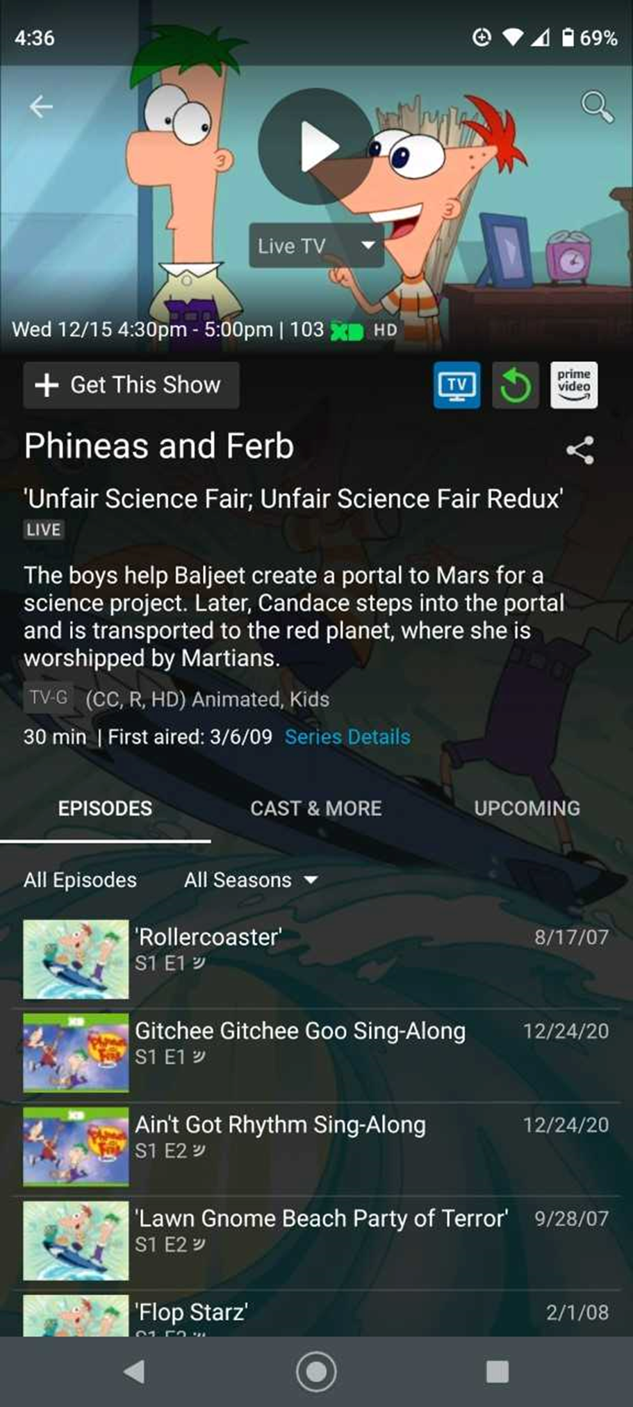 Live TV Episode Info Screen in Blue Ridge Stream App