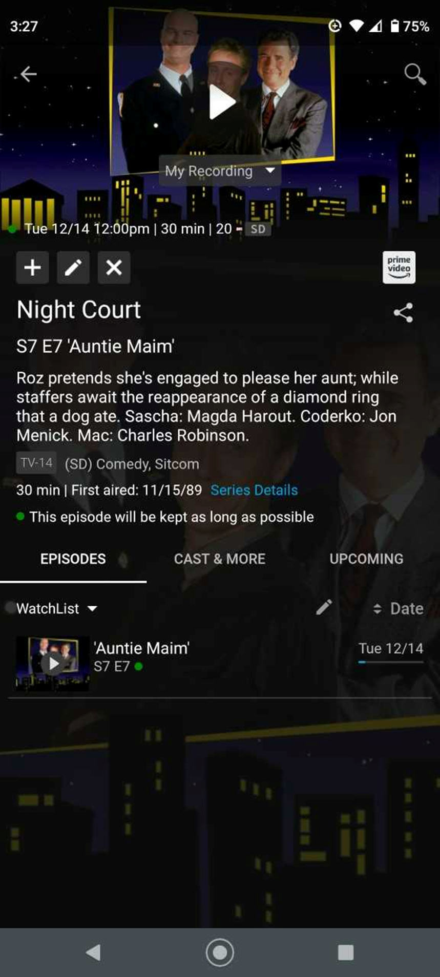 My Recording Episode Info Screen in Blue Ridge Stream App