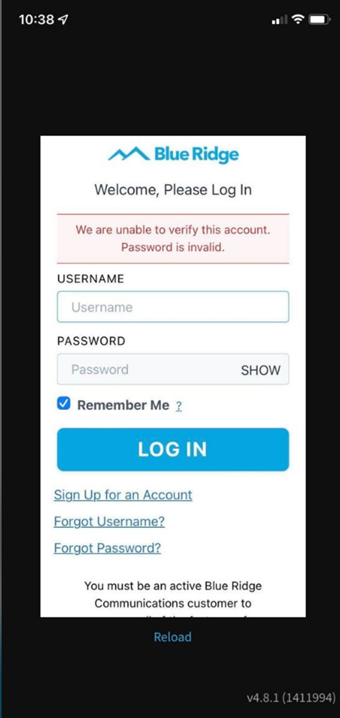 Blue Ridge Stream App Unable to Verify - No Live TV
