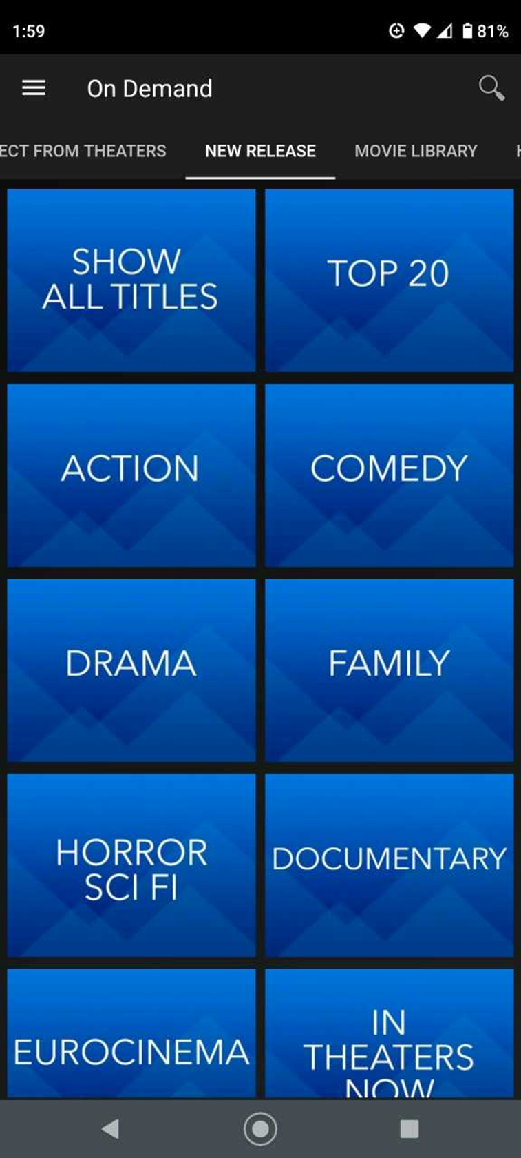 Video on Demand Menu on Blue Ridge Stream App