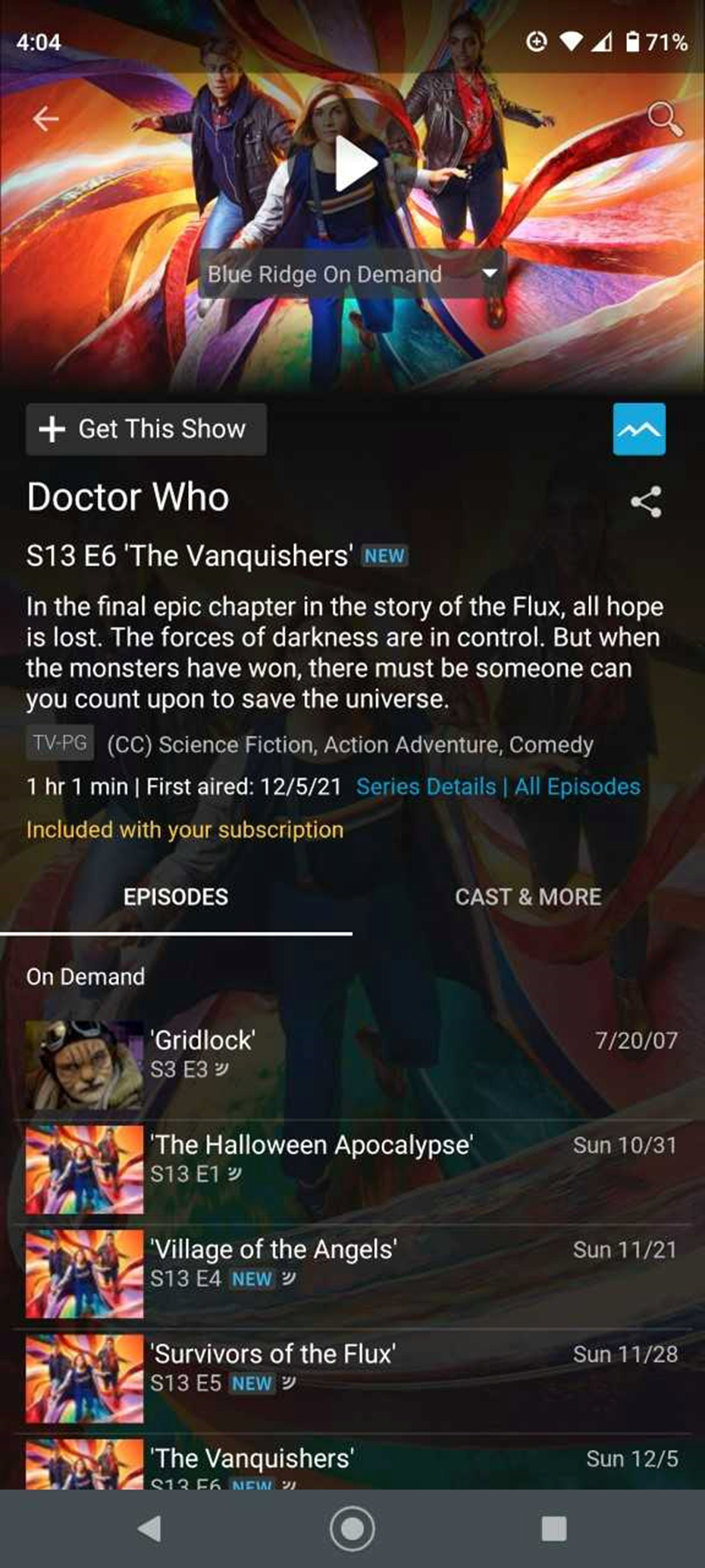 VOD Episode Screen in Blue Ridge Stream App
